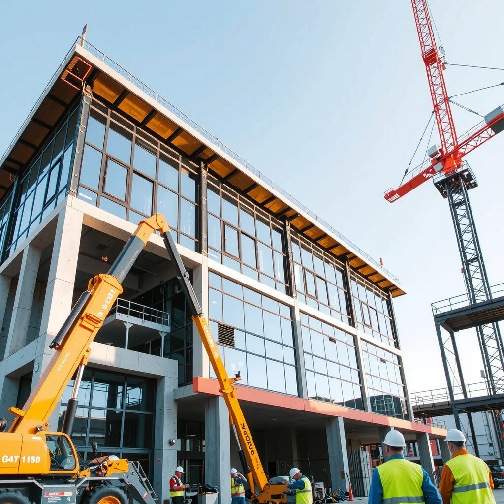 Commercial building construction with steel structure and glass facade