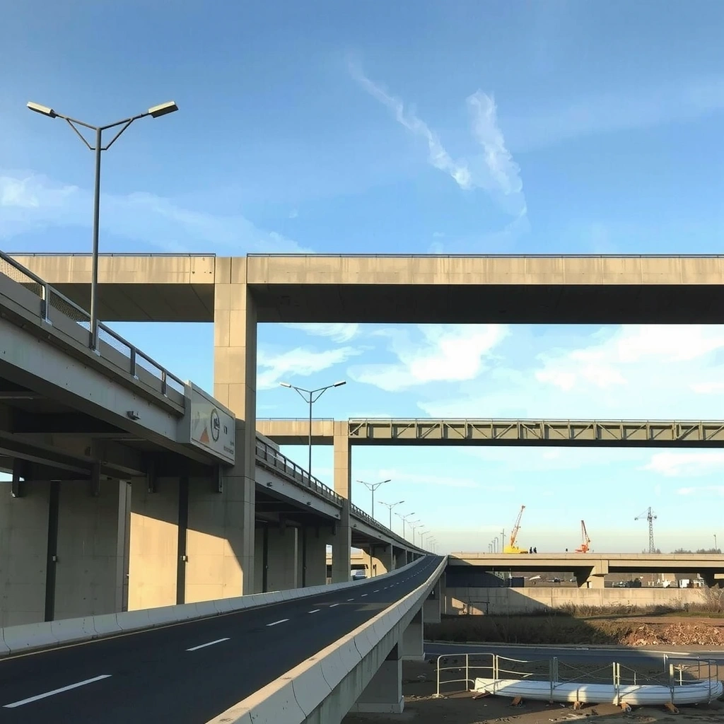 Infrastructure project showing bridge construction and steel framework