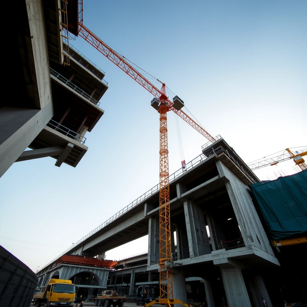 Large-scale infrastructure project with steel beams and concrete structures