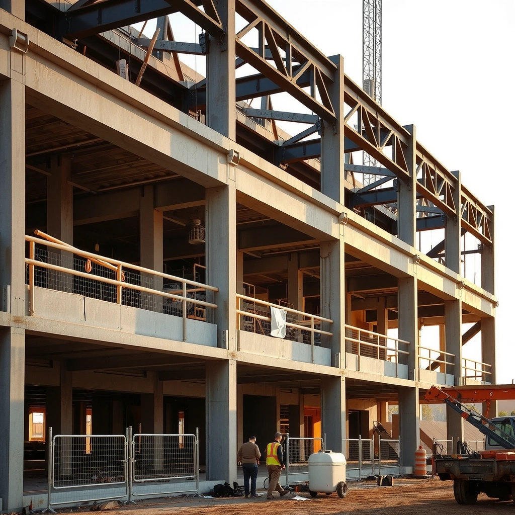 Modern construction project with steel framework and concrete structure